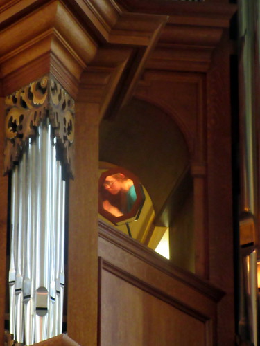 Detail of Reflection of Organist in Mirror of Baroque Organ in Chapel