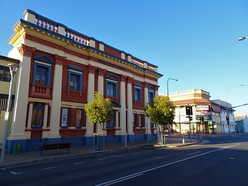 Maryborough. Side view of Woodstock House was built in 1915 as the Queensland National Bank.A typical classical Greek style building with good symmetry and Corinthian columns.