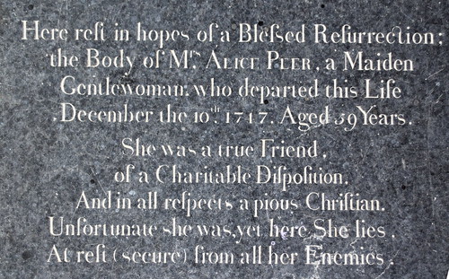 Unfortunate she was, yet here she lies, at rest (secure) from all her enemies (1717)