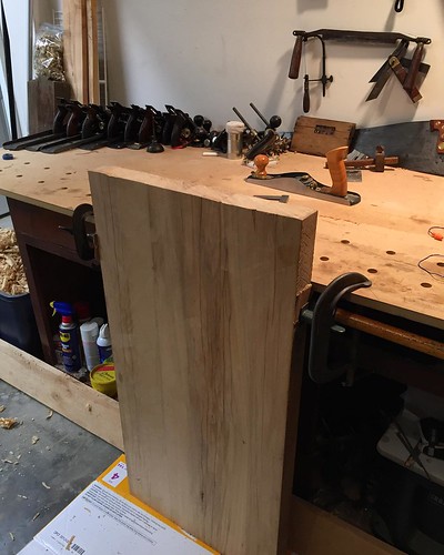 Planing the end grain of this butcher block tonight. @lineschiselsandbrayers came over last night and suggested I use a pipe clamp and 2 C-clamps to secure it to the bench front. Genius!!! #