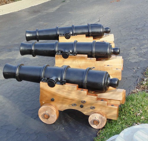 Finished. Three models of ships guns of the USS Constitution, Old Ironsides. Original guns were “24-pounders”. Prototype, 5 5/6” bore firing solid iron shot of 24 lbs each. By K Lively, 12-24-2015. Appx. 1/3 Scale, with a 2” steel lined bore