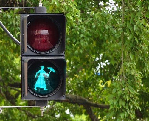 Maryborough QLD. Birthplace of Mary Poppins author P L Travers. The street lights here have Mary Poppins with her green umbrella up for go and with her red umbrella down for stop.