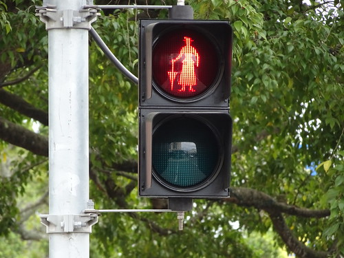 Maryborough QLD. Birthplace of Mary Poppins author P L Travers. The street crossing lights here have Mary Poppins with her green umbrella up for go and with her red umbrella down for stop.