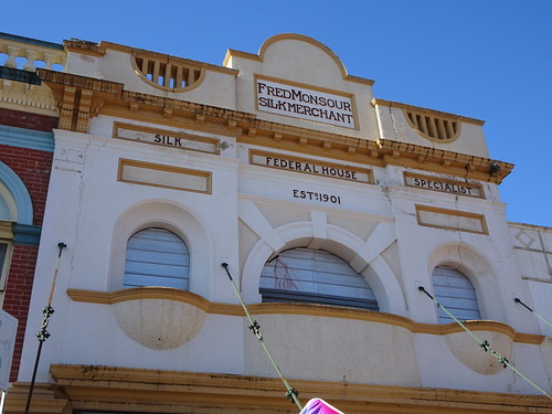 Maryborough. Fred Monsours Silk Shop. He came to Maryborough from Beirut in the 1890s. Built this warehouse shop in 1923. Fred had another shop at 297 Kent St in a former bank. Now owned by Dr Monsour as a surgery.