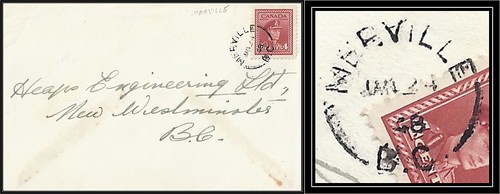 British Columbia / B.C. Postal History - 24 January 1948 - MERVILLE, B.C. (split ring / broken circle cancel / postmark) to New Westminster, British Columbia