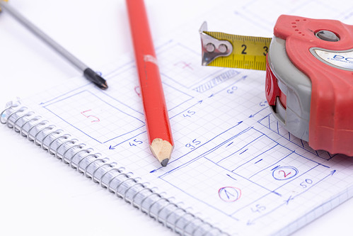 Measuring Tape and Wooden Pencil on the Woodworking project sketch