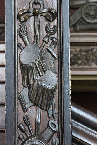 Panel with trophies of arms from a newel post on the staircase at Ham House (1637-39)