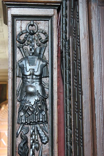 Detail of a carved trophy of arms on the staircase at Ham House (1637-39)