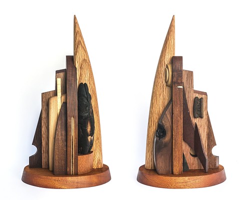 Wooden sculptural assemblage, front and back views