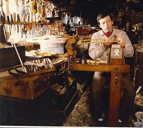 Stuart king using a  marquetry cutters donkey to produce components for his then range of miniature Windsor chairs c1982 (42)