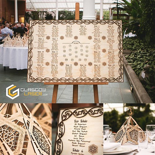 Laser cut and engraved table plan and decorations. Designed and made at Glasgow Laser.  #laserengraved #lasercut #design #wedding #bride #wood #