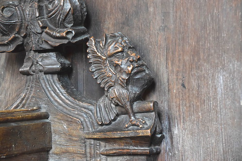 bench end: cock monster (15th Century)