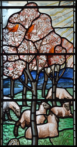 spring: sheep beneath an apple tree in blossom (Powell & Sons, 1936)