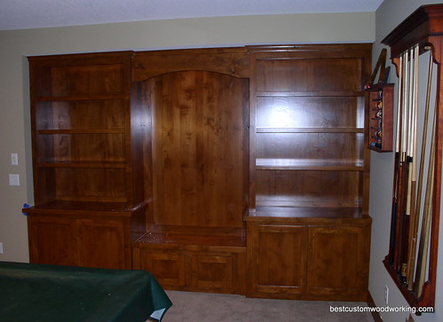 Custom Alder Bookcase with Built-In Bench.