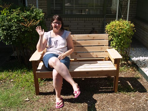 Linda on the cedar garden bench