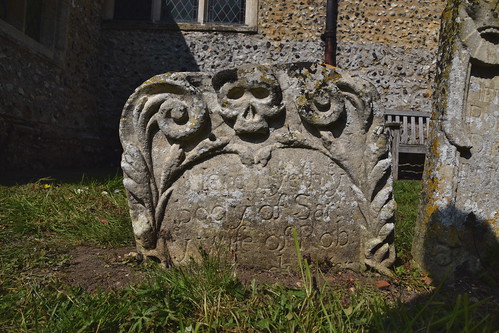 skull flanked by scrollwork