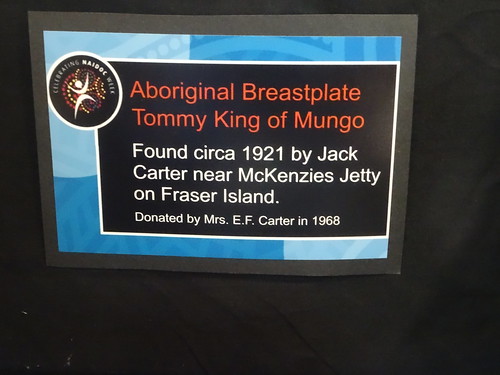 Maryborough. The Historical Society Museum in the old 1888 School of Arts building. An information board about an Aboriginal breast plate.