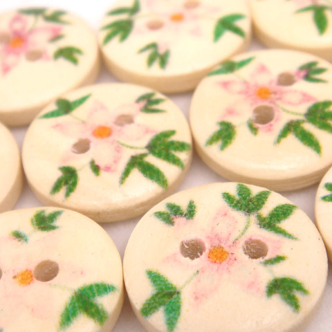 2-Holes Pink Flower & Green Leaves Wooden Buttons 15 x 15 mm - A00056