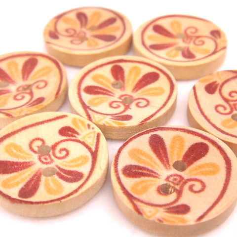 2-Holes Red Swirl Flowers Wooden Buttons 20 x 20 mm - A00063