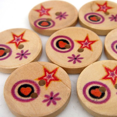 2-Holes Hearts, Stars & Flowers Wooden Buttons 20 x 20 mm - A00065