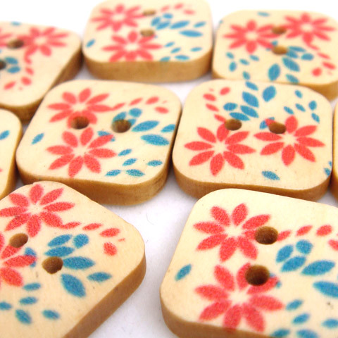 2-Holes SQUARE Red Flower & Blue Leaves Wooden Buttons 16 x 16 mm - A00038