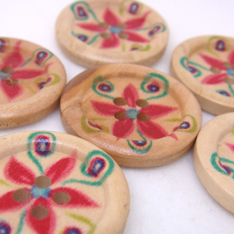 4-Holes Red Flower & Blue Wooden Buttons 24 x 24 mm - A00048