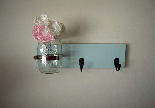 Key holder coat rack robins egg with oil rubbed bronze hooks and a flower jar