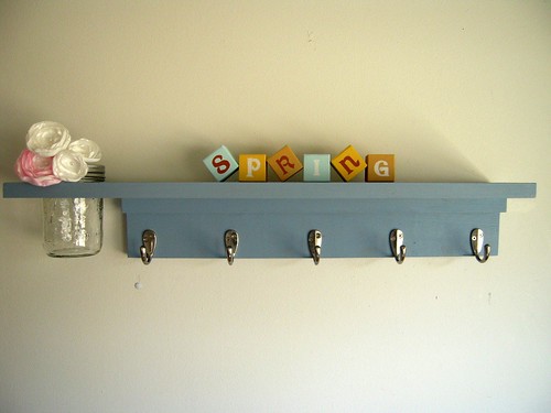 Five hook coat rack wood wall shelf with flower vase