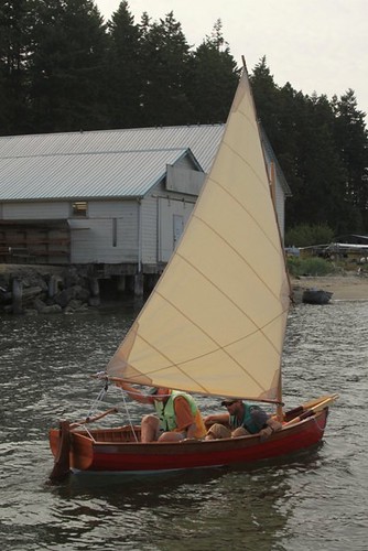 Port Hadlock WA - Boat School - Red Grandy under sail in front of the Boat School