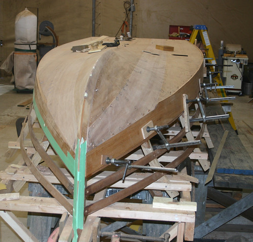 Port Hadlock WA - Boat School - Traditional Large Craft - Monk runabout SUNRAY - end of day - planking in progress