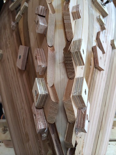 IMG_5517 - Port Hadlock WA - Northwest School of Wooden Boatbuilding - Contemporary - Grandy 12 - temporary chocks hold strip planking to stem