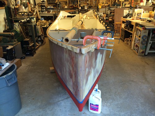 2014 08 25 - IMG_7321 - Port Ludlow WA - Bolger Clam Skiff construction - gluing outer gunwales in place