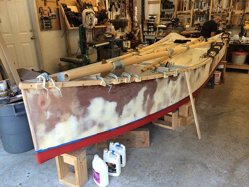 2014 08 23 - IMG_7281- Port Ludlow WA - Bolger Clam Skiff construction - inner gunwales in place - SCAMP mast in boat