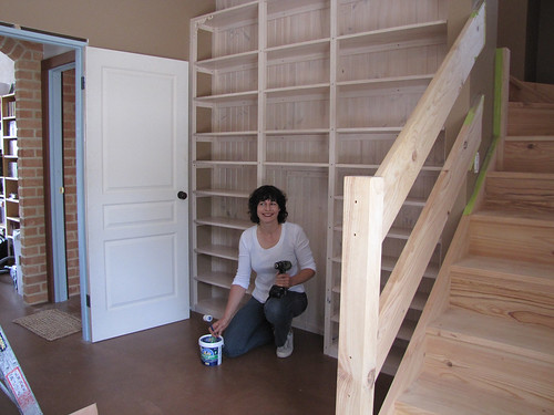 Sue with Completed DIY Bookshelf  - Strawbale House Build in Redmond Western Australia