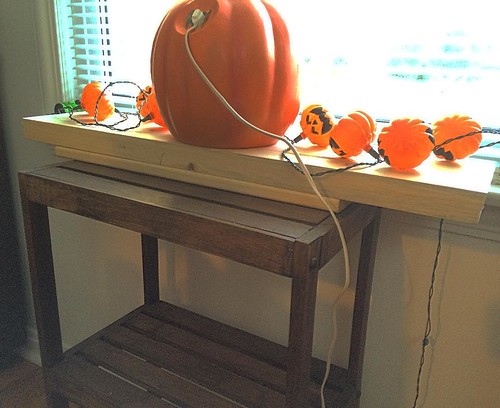 I just realized that the cabinet will not be my first project to be brought indoors. That board elevating our Halloween decorations is a 2x8 I used to practice dimensioning by hand. I will be selling these handmade decoration stands for $75 in my etsy sto