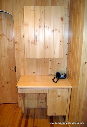 Custom Three-Legged Knotty Pine Desk with Matching Cabinet.