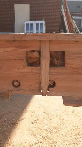 A motise pocket and pegs in the cleat pocket - Beech Fireplace Mantel FM Project Apr 2022