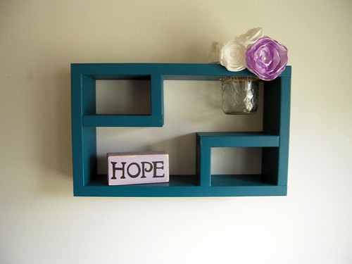 Wood shadow box shelf in deep turquoise with flower vase