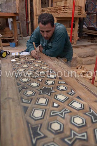 Egypt. Cairo -WORKSHOP . Mosque mausoleum of KAYRBAK , NM248 , under renovation by the Agha Khan fondation in Darb al Ahmar street, restoration  workshop, for the inhabitants  of this poor area , islamic Cairo +