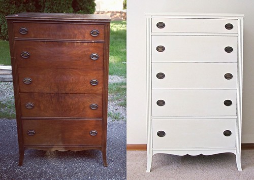 Old white antique tallboy dresser with Hepplewhite pulls