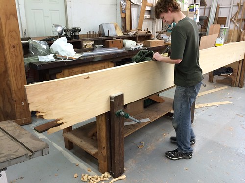 IMG_3527 - Port Hadlock WA - Northwest School of Wooden Boatbuilding - Traditional Small Craft - Rogue River Driver - dressing a port orford cedar plank - student Jacob Simmerling