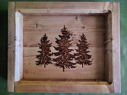 Farmhouse inspired serving tray with burned pine trees  #<a href=