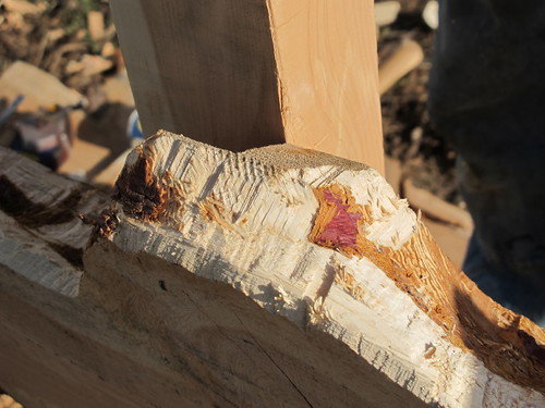 Close-up of rustic work on garden bench